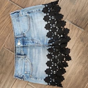 Express, low-rise relaxed denim shorts, daisy duke's with black lace, si…